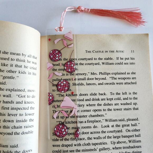 Disco Ball Cherry Print Bookmark Acrylic Pink Cute Coquette Bookish Gift For Her - Picture 8 of 14